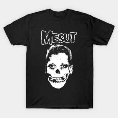 Black graphic t-shirt with skull design and bold white text, casual style, cotton material, perfect for everyday wear.