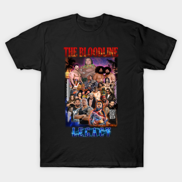 Black graphic t-shirt featuring "The Bloodline Legacy" design, showcasing a colorful collage of figures and text.
