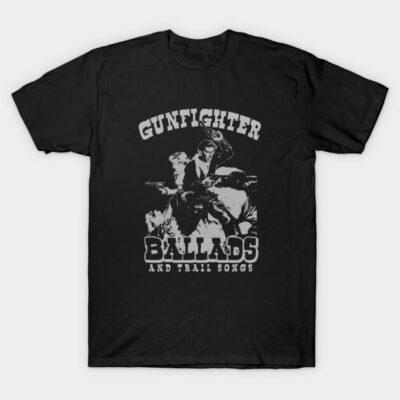 Black t-shirt featuring vintage Western graphic and text design, perfect for casual wear and fans of classic style.