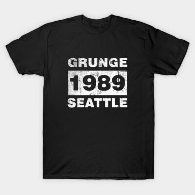 Black t-shirt with white "Grunge 1989 Seattle" print, casual style, soft cotton fabric, perfect for everyday wear.