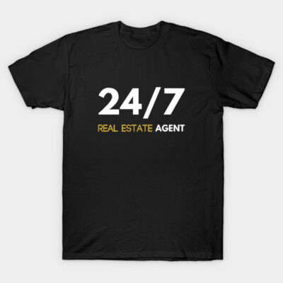 Black t-shirt with "24/7 Real Estate Agent" text in white and yellow, casual style, cotton fabric.