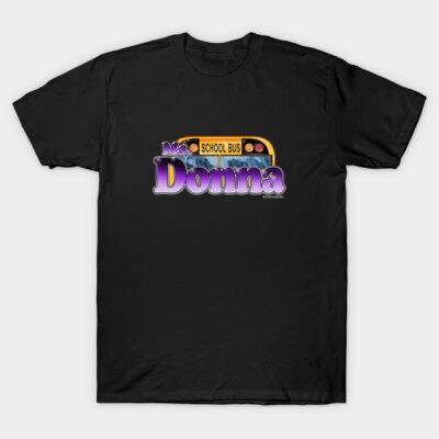 Black graphic T-shirt featuring a school bus design with purple text, casual wear, cotton material.