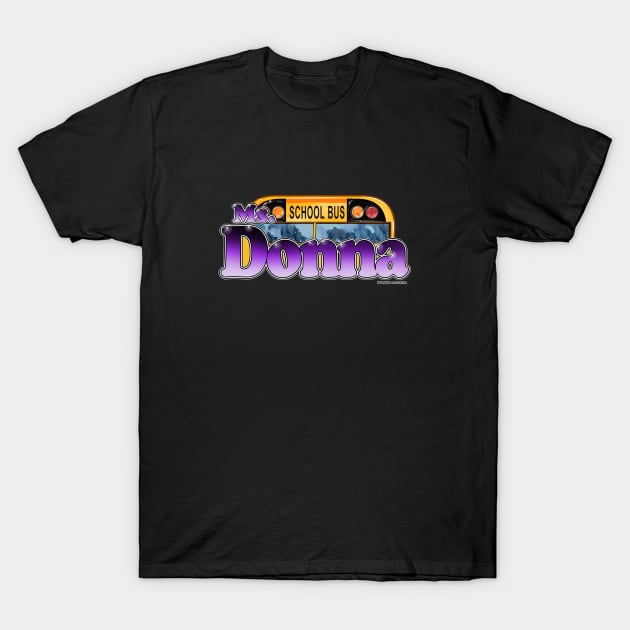 Black graphic T-shirt featuring a school bus design with purple text, casual wear, cotton material.