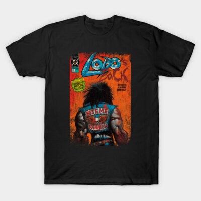Black graphic tee featuring vibrant comic-style artwork, ideal for casual wear, 100% cotton material.