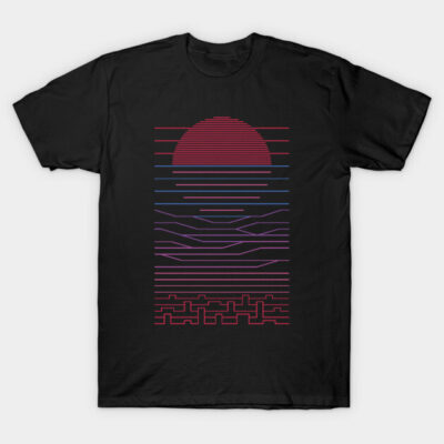 Black T-shirt with retro sunset graphic, red and purple lines, casual style, cotton fabric.