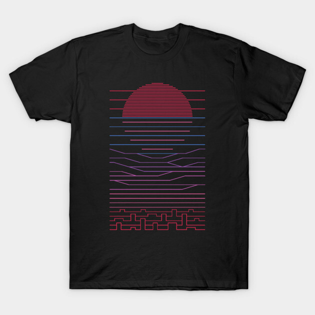 Black T-shirt with retro sunset graphic, red and purple lines, casual style, cotton fabric.