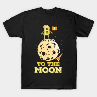 Black t-shirt with "To the Moon" Bitcoin design, featuring moon graphic and rocket. Casual style, 100% cotton.