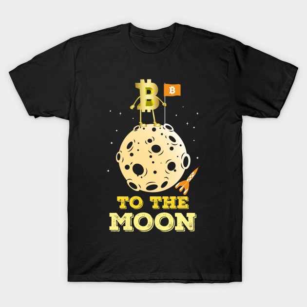 Black t-shirt with "To the Moon" Bitcoin design, featuring moon graphic and rocket. Casual style, 100% cotton.