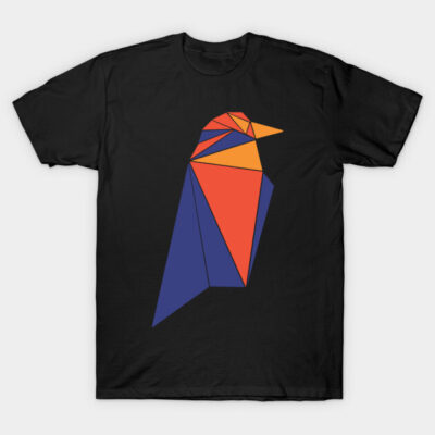Black t-shirt with a geometric bird design in red, orange, and blue. Casual wear, cotton material, unisex style.