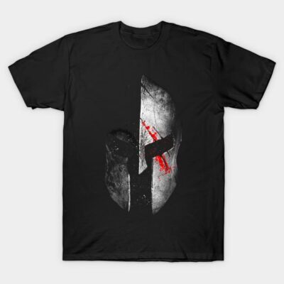Black t-shirt with a distressed helmet graphic, featuring red accents. Ideal for casual wear and made from soft cotton.