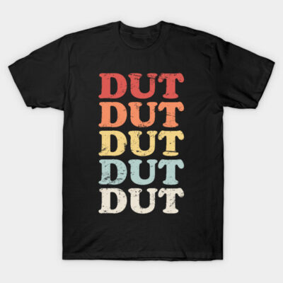 Black t-shirt with colorful "DUT" text in vintage style, casual wear, soft cotton material. Perfect for everyday use.