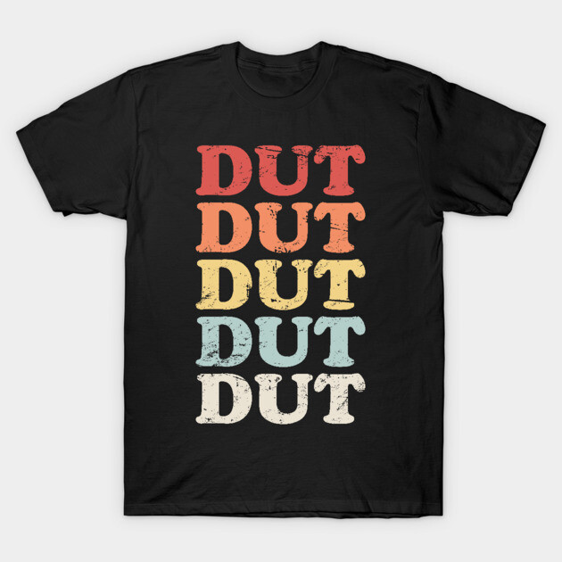 Black t-shirt with colorful "DUT" text in vintage style, casual wear, soft cotton material. Perfect for everyday use.