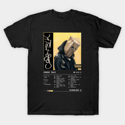 Black "Crash Talk" T-shirt featuring unique graphic design, ideal for casual wear, made of 100% cotton.