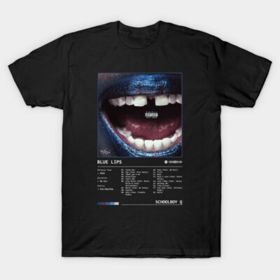 Black graphic t-shirt featuring album cover design with blue lips and music tracklist, casual cotton wear.