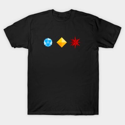 Black T-shirt with colorful geometric shapes, casual unisex style, 100% cotton, perfect for everyday wear.