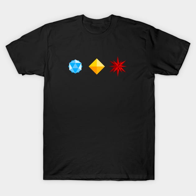 Black T-shirt with colorful geometric shapes, casual unisex style, 100% cotton, perfect for everyday wear.