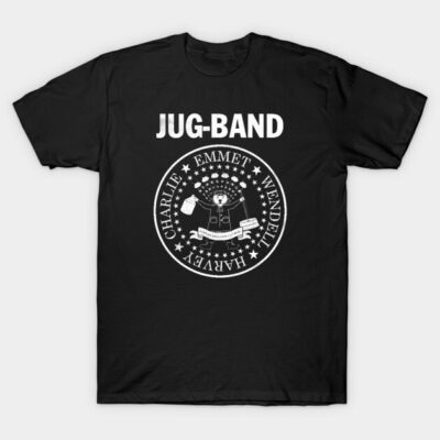 Black "Jug-Band" t-shirt featuring vintage-style white graphic, casual wear, cotton material, unisex design.