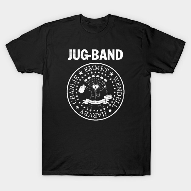 Black "Jug-Band" t-shirt featuring vintage-style white graphic, casual wear, cotton material, unisex design.