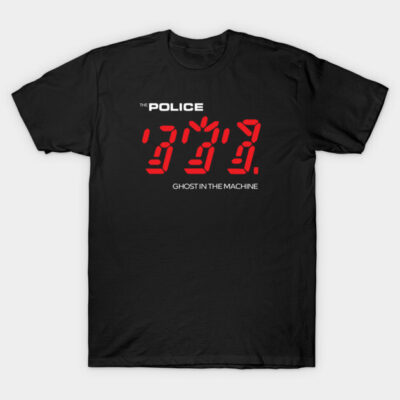 Black graphic T-shirt with red digital numbers and white text design, made of cotton for casual wear.