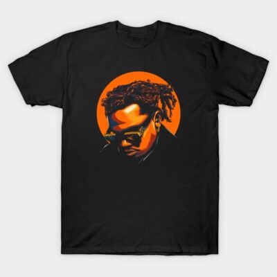 Black t-shirt with vibrant orange graphic design, featuring a stylish silhouette. Perfect for casual wear or gifting.