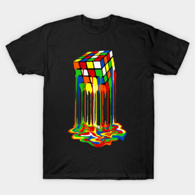 Black t-shirt with colorful melting cube design, casual style, perfect for everyday wear, made from soft cotton fabric.