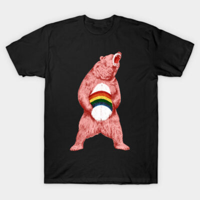 Black t-shirt with roaring bear design, rainbow stripes on belly. Cotton material, casual style, unisex, graphic tee.