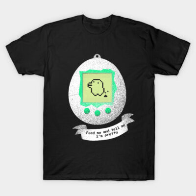 Black graphic t-shirt featuring a retro virtual pet design with pixel art style, ideal for casual wear.