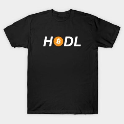 Black cotton T-shirt with "HODL" and Bitcoin logo design, casual wear for crypto enthusiasts.