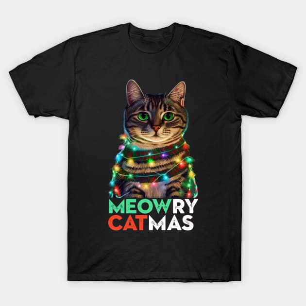 Black Christmas-themed T-shirt with festive cat and colorful lights design, perfect for holiday wear.