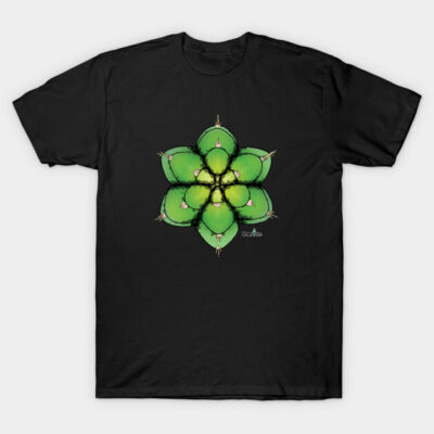 Black t-shirt with green cactus mandala design, casual unisex style, perfect for everyday wear.