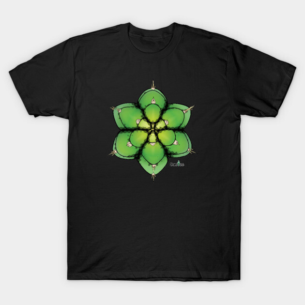 Black t-shirt with green cactus mandala design, casual unisex style, perfect for everyday wear.