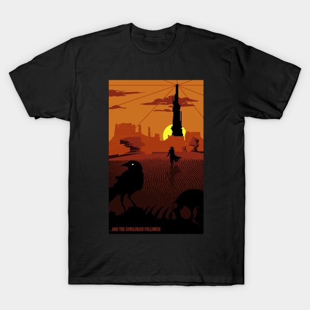 Black t-shirt featuring an orange and black desert tower scene, perfect for casual wear or fans of graphic designs.