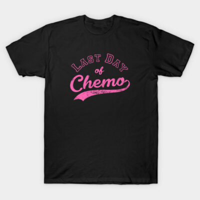 Black T-shirt with pink "Last Day of Chemo" text, casual style, cotton material, supportive gift idea.