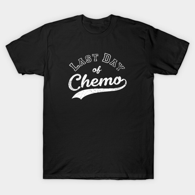 Black "Last Day of Chemo" T-shirt, cotton, casual wear, bold white text, unisex design for milestone celebration.