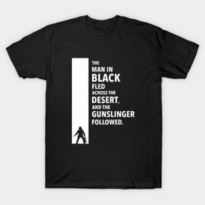 Black cotton t-shirt with bold white text about a desert pursuit, featuring a silhouette of a man. Casual and stylish.