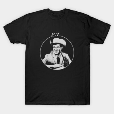 "Black graphic T-shirt with vintage design, featuring white circular illustration and bold text. Casual unisex wear."