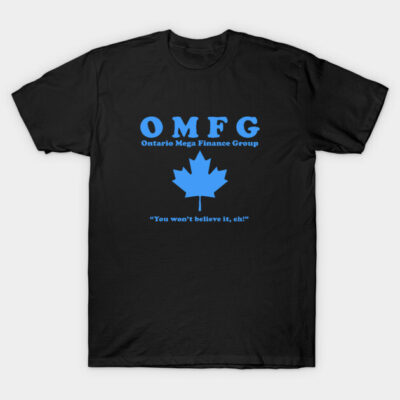 Black t-shirt with blue text and maple leaf graphic, casual style, perfect for everyday wear.