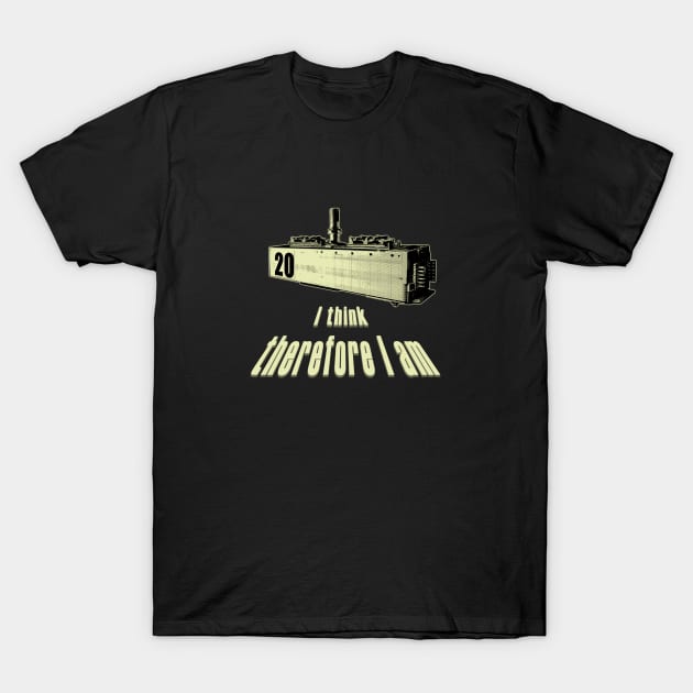 Black t-shirt with vintage train print and text "I think therefore I am," casual style, comfortable cotton material.