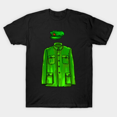 Black t-shirt with green military jacket and cap illustration, casual style, cotton material, unisex design.