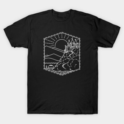Black T-shirt with white castle and landscape graphic design, casual wear, soft cotton material.