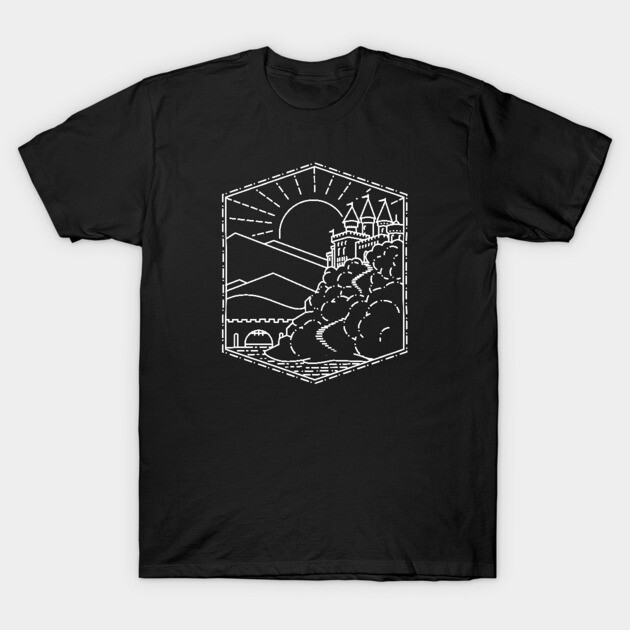Black T-shirt with white castle and landscape graphic design, casual wear, soft cotton material.