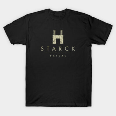 Black graphic t-shirt with minimalist design and "Starck Dallas" text, ideal for casual wear and comfort.