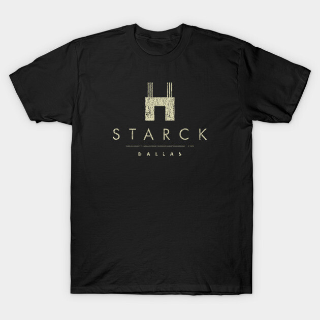 Black graphic t-shirt with minimalist design and "Starck Dallas" text, ideal for casual wear and comfort.