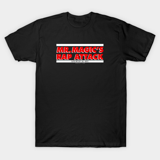 Black graphic t-shirt with "Mr. Magic's Rap Attack" in bold red text, casual style, cotton material.