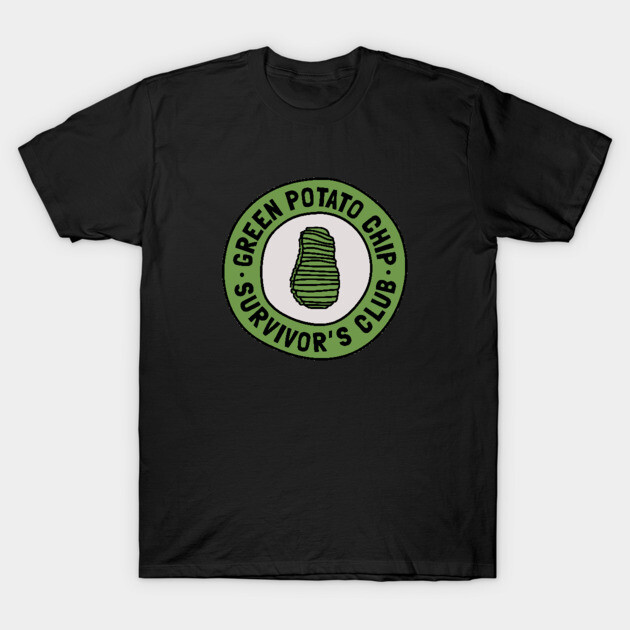 Black t-shirt with "Green Potato Chip Survivor's Club" logo, humorous design, casual wear, cotton material.