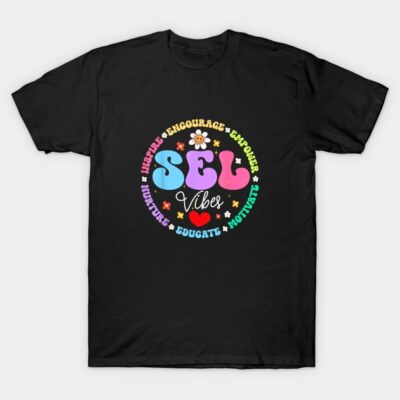 Black t-shirt with colorful "SEL Vibes" motivational print, featuring floral and heart accents, casual wear cotton fabric.