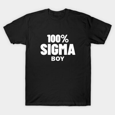 Black cotton t-shirt with "100% Sigma Boy" text in bold white letters, casual style, comfortable everyday wear.