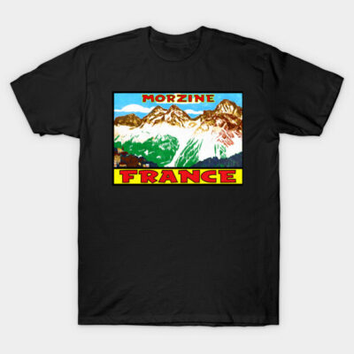 Black T-shirt featuring colorful Morzine France mountain design, casual style, perfect for travel enthusiasts.