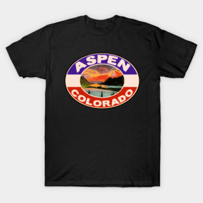 Black Aspen Colorado graphic t-shirt, featuring scenic mountain design, casual style, soft cotton material for everyday wear.