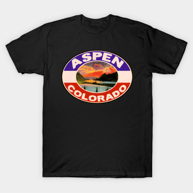 Black Aspen Colorado graphic t-shirt, featuring scenic mountain design, casual style, soft cotton material for everyday wear.